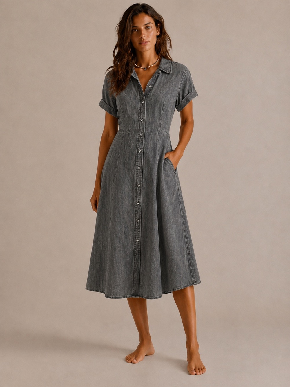 Talbots Charcoal Button-Front Midi Shirt Dress
